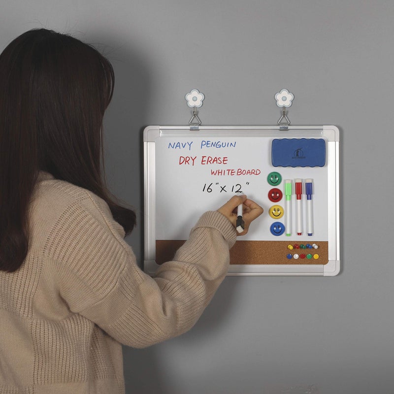 Navy Penguin White Board Cork Board Combo - 15x12 in Dry Erase Board with Cork and 1 Magnetic Eraser, 4 Dry Wipe Markers, 4 Magnets and 10 Pins - Wall Hanging Whiteboard with Corkboard for Home and Office (15x12) - Image 3